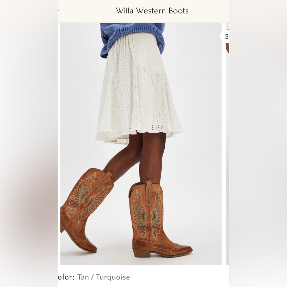 Free People Bandera Coastal Cowgirl Tan & Turquoise Hand Stitched Western Boots